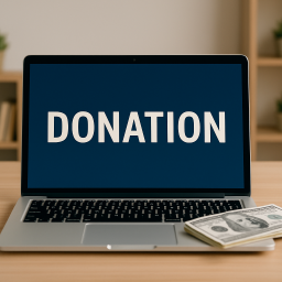 Laptop on a wooden table displaying the word “DONATION” on its screen.