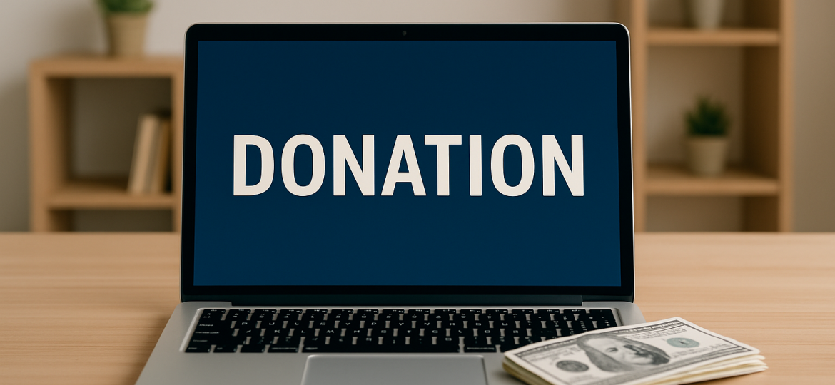 Laptop on a wooden table displaying the word “DONATION” on its screen.