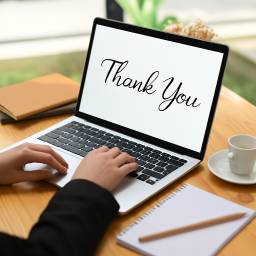 Person typing on a laptop with the words “Thank You” displayed on the screen