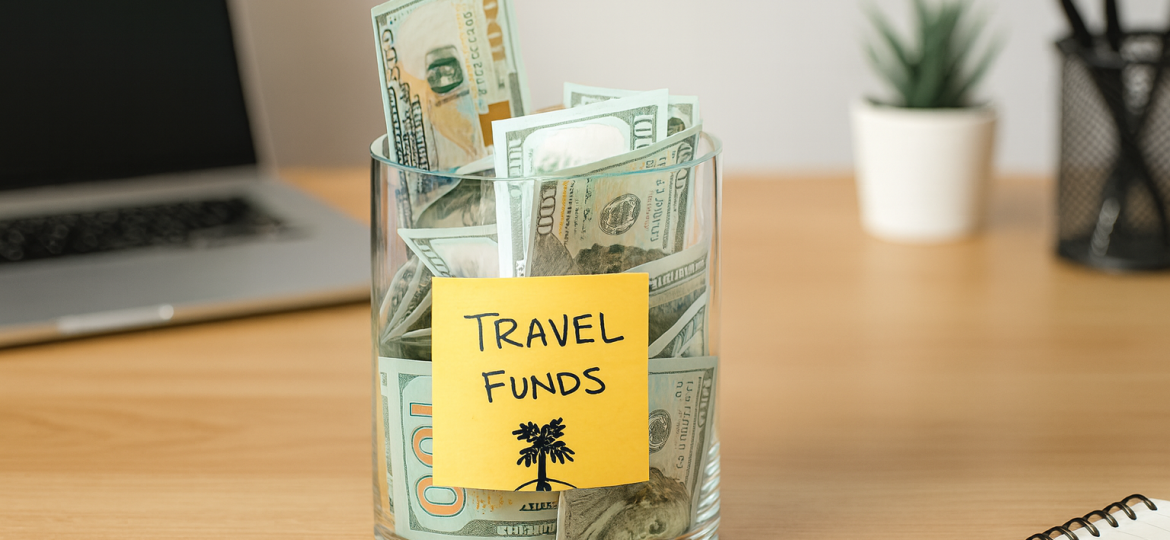 A glass jar filled with US dollar bills labeled “Travel Funds”